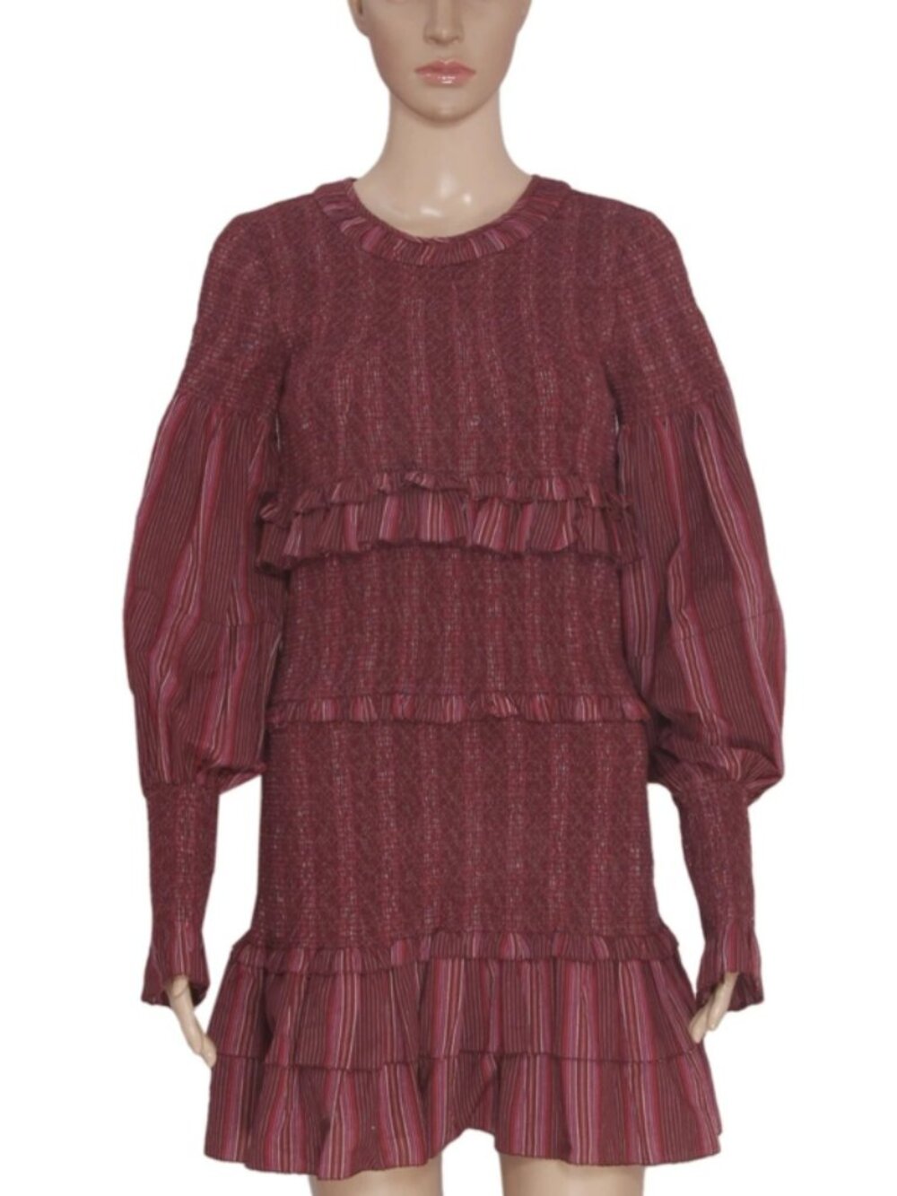 Loveshackfancy Embroidered Printed Smocked Tiered Long Sleeve Mini Dress S